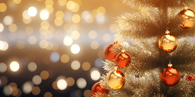 Arbre de Noël décoré avec des lumières bokeh fond flou généré par l'IA