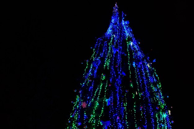 Arbre de Noël décoré avec des lumières multicolores la nuit