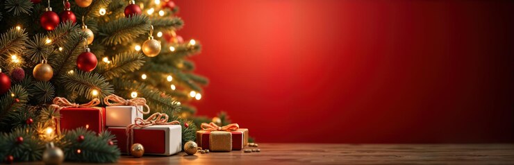 Photo arbre de noël décoré d'ornements rouges et dorés lumières près de boîtes à cadeaux cadeaux emballés