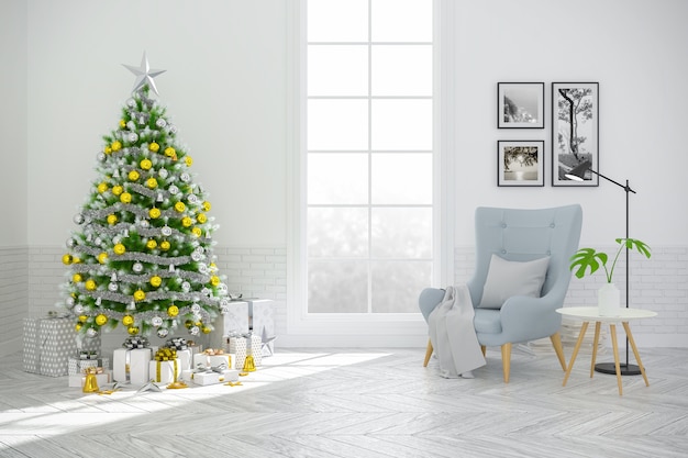 Arbre de Noël décoré sur la Scandinavie intérieur du salon