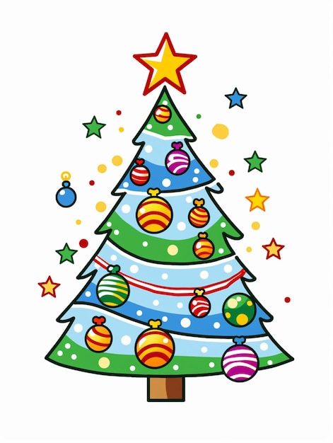un arbre de Noël de dessin animé avec des ornements et des étoiles dessus ai générative