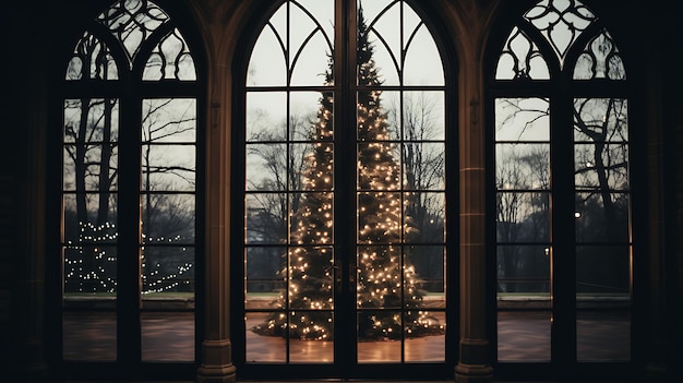 Arbre de Noël devant la fenêtre d'un palais avec des lumières de Noël