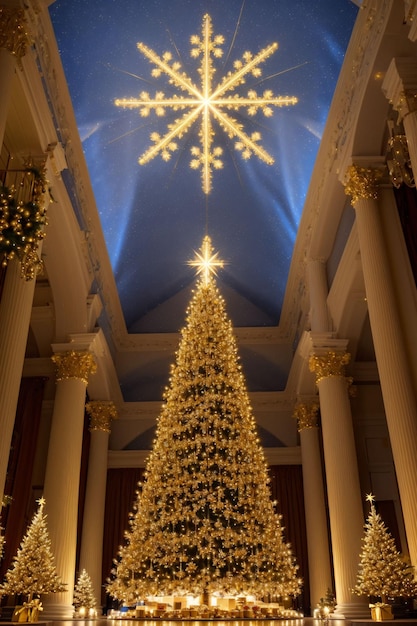 Arbre de Noël doré avec bannière de papier peint de lumières lumineuses noël