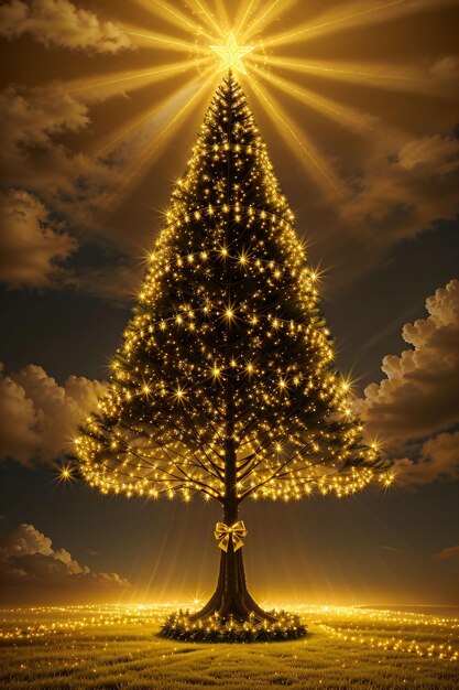 Photo arbre de noël doré avec bannière de papier peint de lumières lumineuses noël