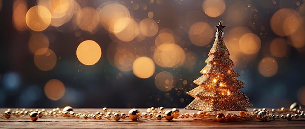 Arbre de Noël doré avec des bijoux brillants des lumières scintillantes et des flocons de neige sur une nuit magique d'hiver