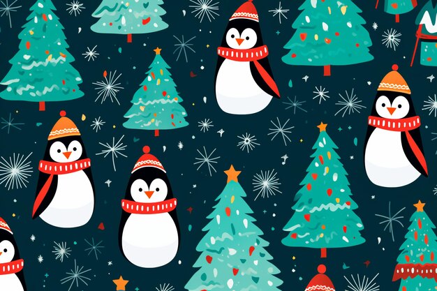 Arbre de Noël du Nouvel An et motif de pingouin Fond d'écran généré par l'IA