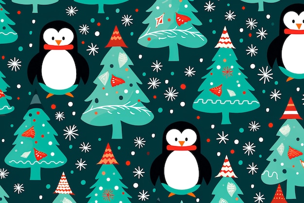 Arbre de Noël du Nouvel An et motif de pingouin Fond d'écran généré par l'IA