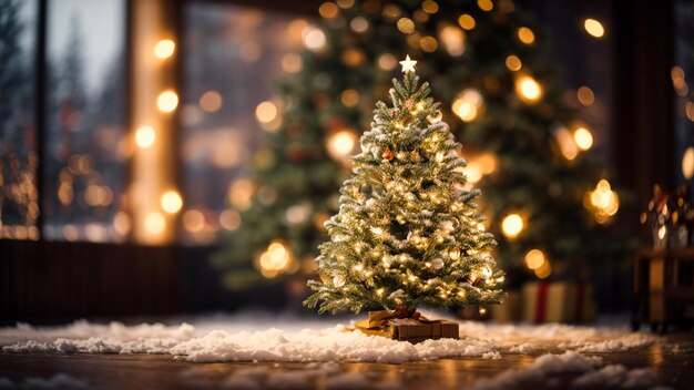 Arbre de Noël avec éclairage et fond de paysage bokeh flou de neige