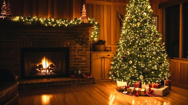 Arbre de Noël avec éclairage près de la cheminée Décoration de la maison Generative Ai
