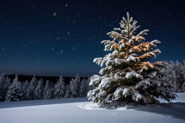 Arbre de Noël éclairé dans une nuit enneigée