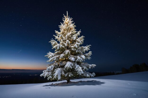 Arbre de Noël éclairé dans une nuit enneigée