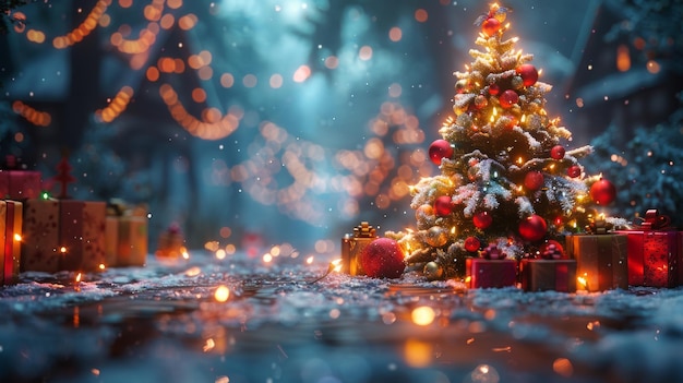 L'arbre de Noël entouré de cadeaux dans la neige