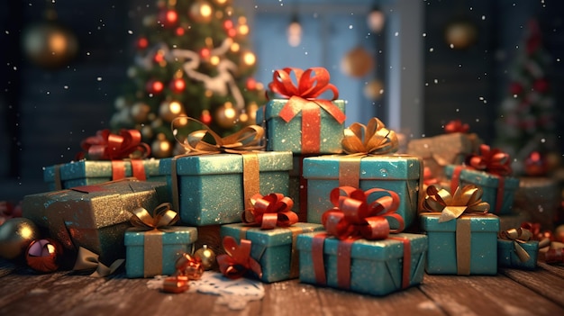 Un arbre de Noël est en arrière-plan avec des cadeaux et les mots Noël dessus.