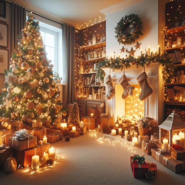 un arbre de Noël est dans une pièce avec une cheminée et une cheminée
