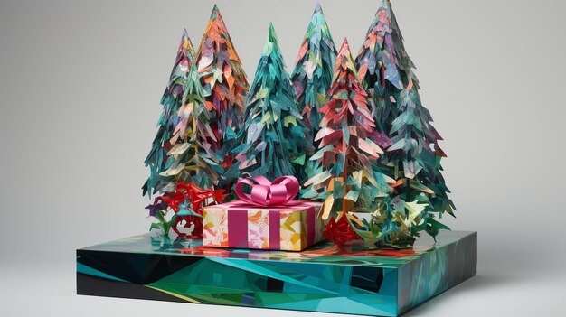 Un arbre de Noël est entouré de papier coloré et est entouré d'arbres.