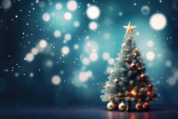 Arbre de Noël avec étoile dorée sur fond bokeh rendu 3D Fond de Noël et du nouvel an avec arbre de Noël et lumières bokeh généré par l'IA
