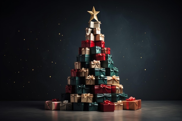 Arbre de Noël fait de boîtes à cadeaux et d'étoiles sur fond sombre