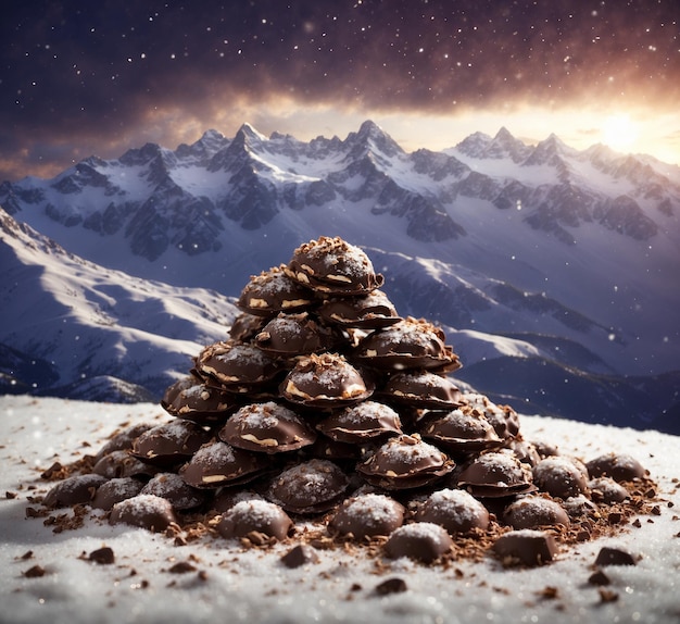 Arbre de Noël fait de chocolats dans la neige avec des montagnes en arrière-plan