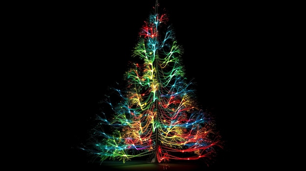 Photo arbre de noël fait de feux d'artifice colorés sur fond noir ia générative