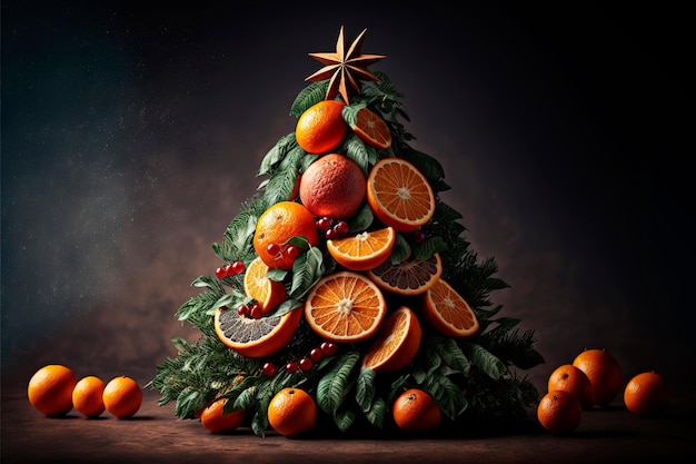 Arbre de Noël fait de mandarines sur fond noir Merry Christmas and Happy New Year concept