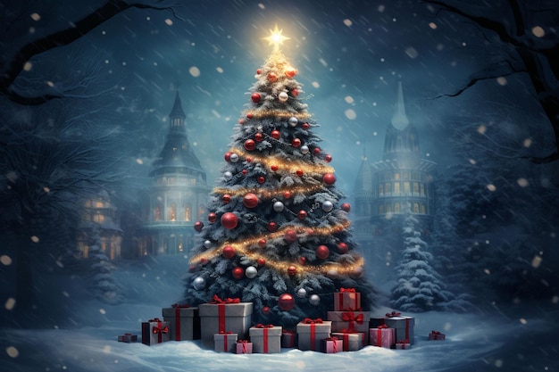 arbre de Noël fantastique avec des cadeaux célébrant sur fond bleu d'hiver