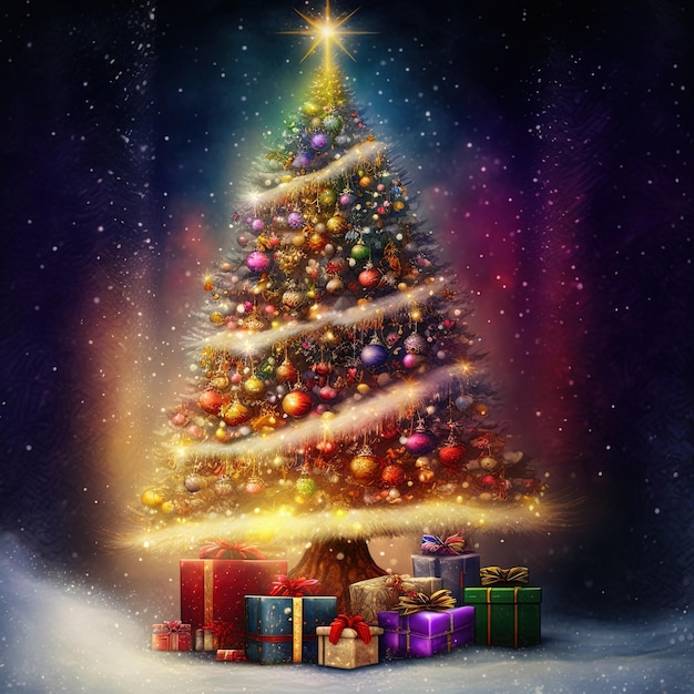 Arbre de Noël fantastique avec des cadeaux célébrant le joyeux Noël. Fond de carte de Noël