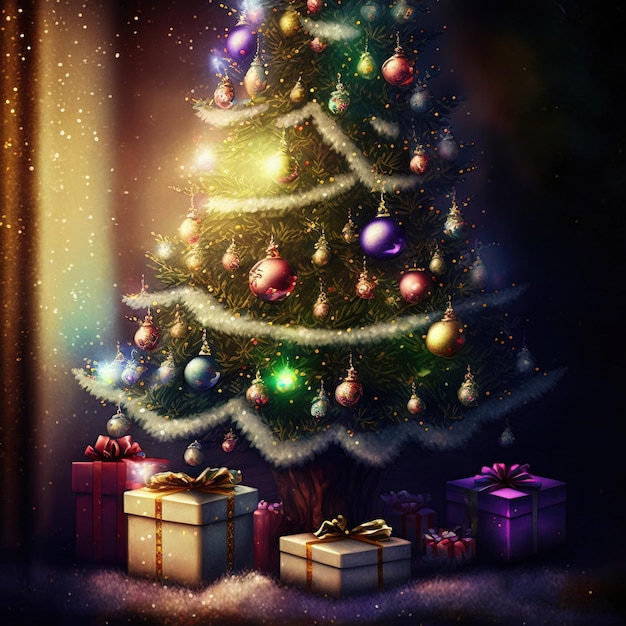 Arbre de Noël fantastique avec des cadeaux célébrant le joyeux Noël. Fond de carte de Noël
