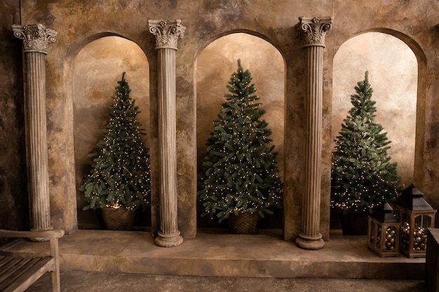 Arbre de Noël festif avec des décorations dorées et des coffrets cadeaux en dessous