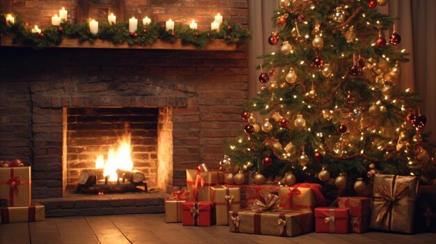 Arbre de Noël et fêtes présents sur le fond de la cheminée IA générative