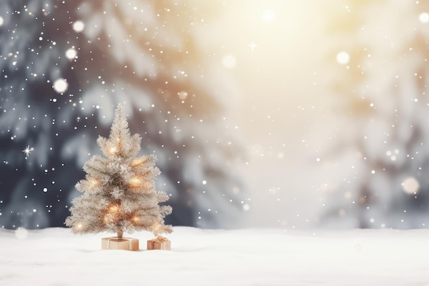 arbre de Noël flou et lumières sur un fond de neige blanche abstrait