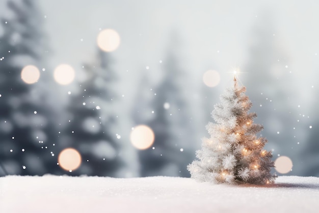 arbre de Noël flou et lumières sur un fond de neige blanche abstrait