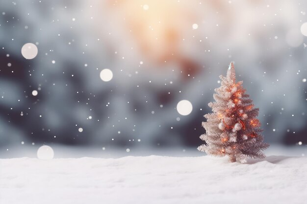 arbre de Noël flou et lumières sur un fond de neige blanche abstrait