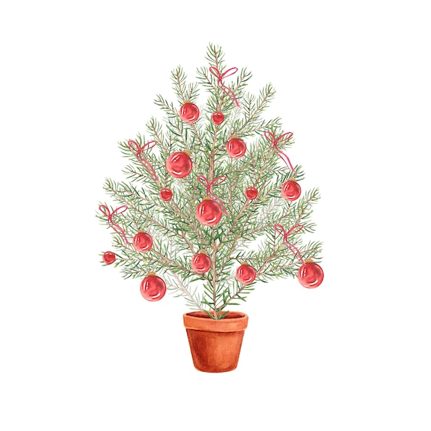 Arbre de Noël sur fond blanc dans un pot Illustration aquarelle d'un arbre de Noël avec des boules rouges Illustration de Noël Composition du Nouvel An pour la décoration Convient pour la conception de cartes postales