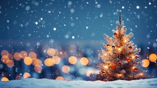 Arbre de Noël sur fond d'hiver de neige avec bokeh et flocons de neige