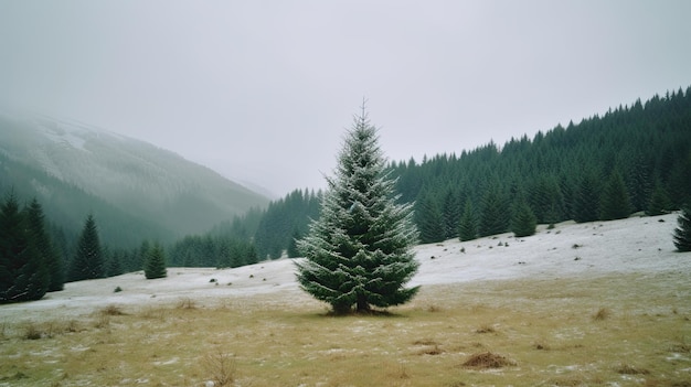 Arbre de Noël sur fond de montagne Illustration AI GenerativexA