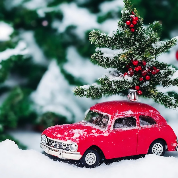 Arbre de Noël sur un fond de vacances d'hiver de décoration de jouet de voiture rouge rétro généré par l'IA