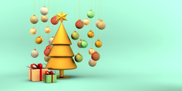 Arbre de Noël de forme géométrique doré avec scène d'ampoules et de coffrets cadeaux