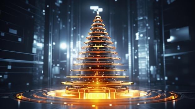 Arbre de Noël futuriste au néon et carte de Noël festive du nouvel an