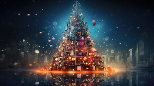 Un arbre de Noël de haute technologie dans une perspective d'arc-en-ciel numérique