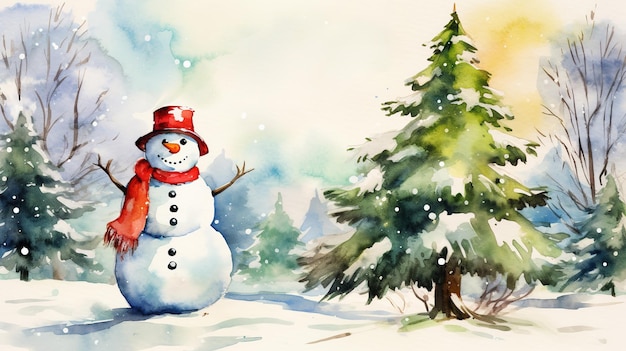 Arbre de Noël et homme de neige à l'aquarelle