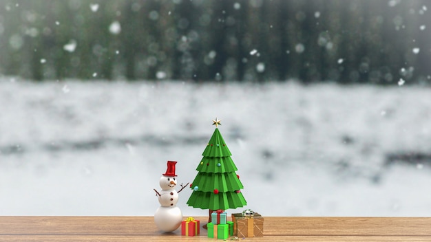 L'arbre de Noël et l'homme de neige sur la table en bois pour la célébration de vacances ou le rendu 3d de fond d'affaires de promotion