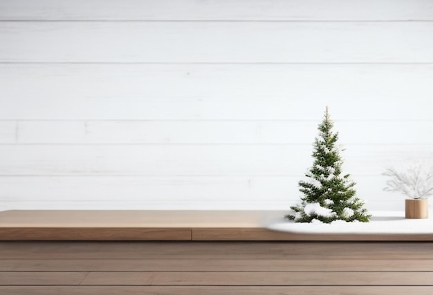 Arbre de Noël horloge luge bonhomme de neige bougies cadeaux sur un fond en bois et fond de lumières