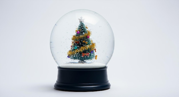 un arbre de Noël à l'intérieur d'une boule de neige remplie de magie festive