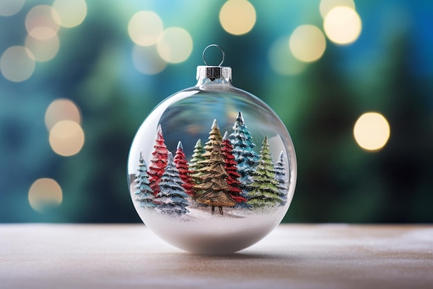 Photo arbre de noël à l'intérieur d'une boule de verre sur un fond flou sombre avec un espace de copie