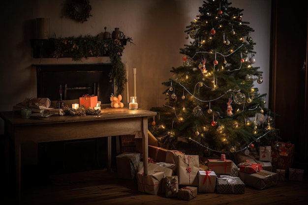 Un arbre de Noël joliment décoré avec des cadeaux en dessous sur une table en bois