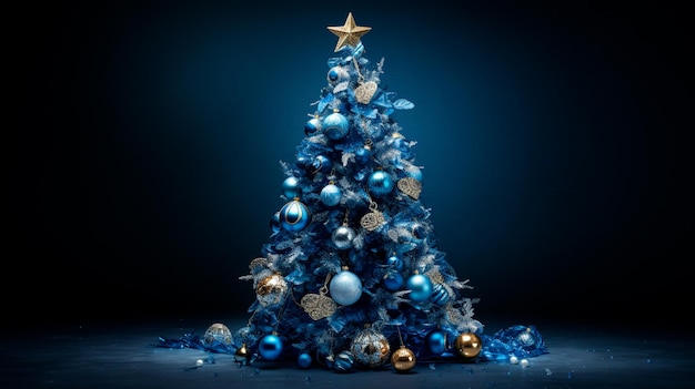 arbre de Noël avec des jouets bleus et argentés sur fond sombre avec carte de vacances de lumières bokeh