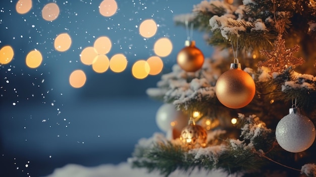 Arbre de Noël sur des lumières brillantes floues au sommet de la neige sur fond de montagne flou Concept de la veille de Noël