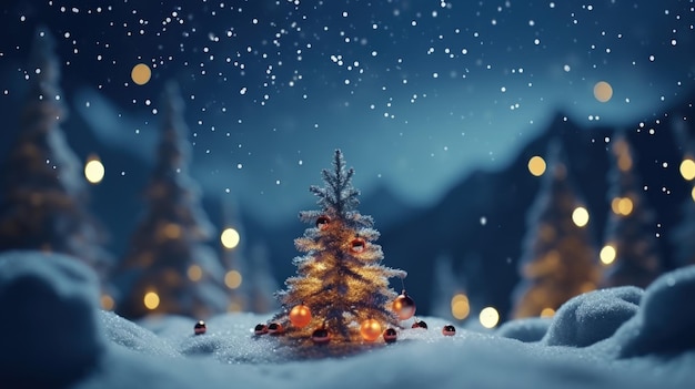 Arbre de Noël sur des lumières brillantes floues au sommet de la neige sur fond de montagne flou Concept de la veille de Noël