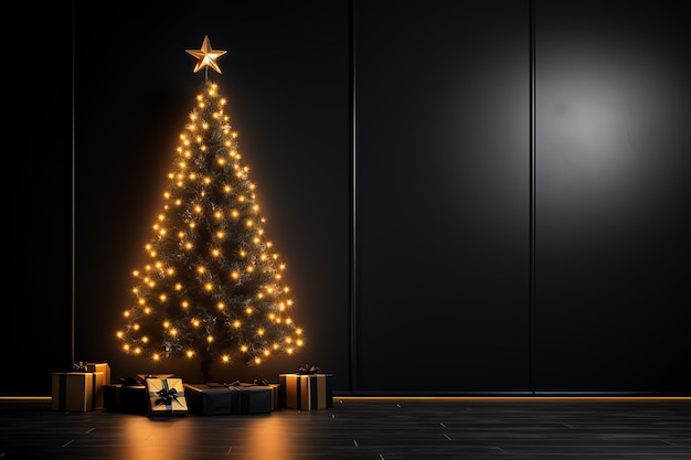 un arbre de Noël avec des lumières et des cadeaux