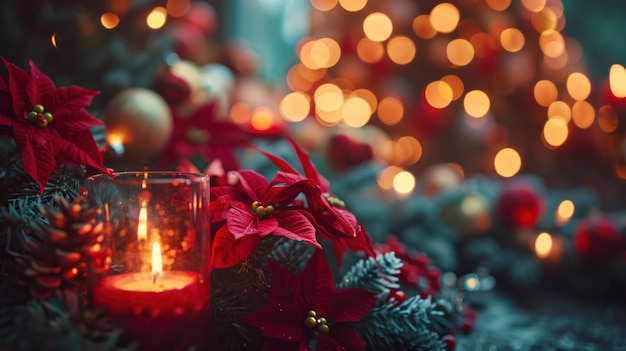 Photo arbre de noël avec des lumières étincelantes et des ornements rouges au milieu d'un décor festif